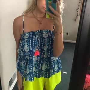 blue lily pulitzer top with coral tassels